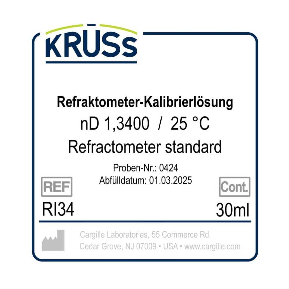 KRÜSS Liquide d'étalonnage pour réfractomètres nD 1.3400 avec certificat